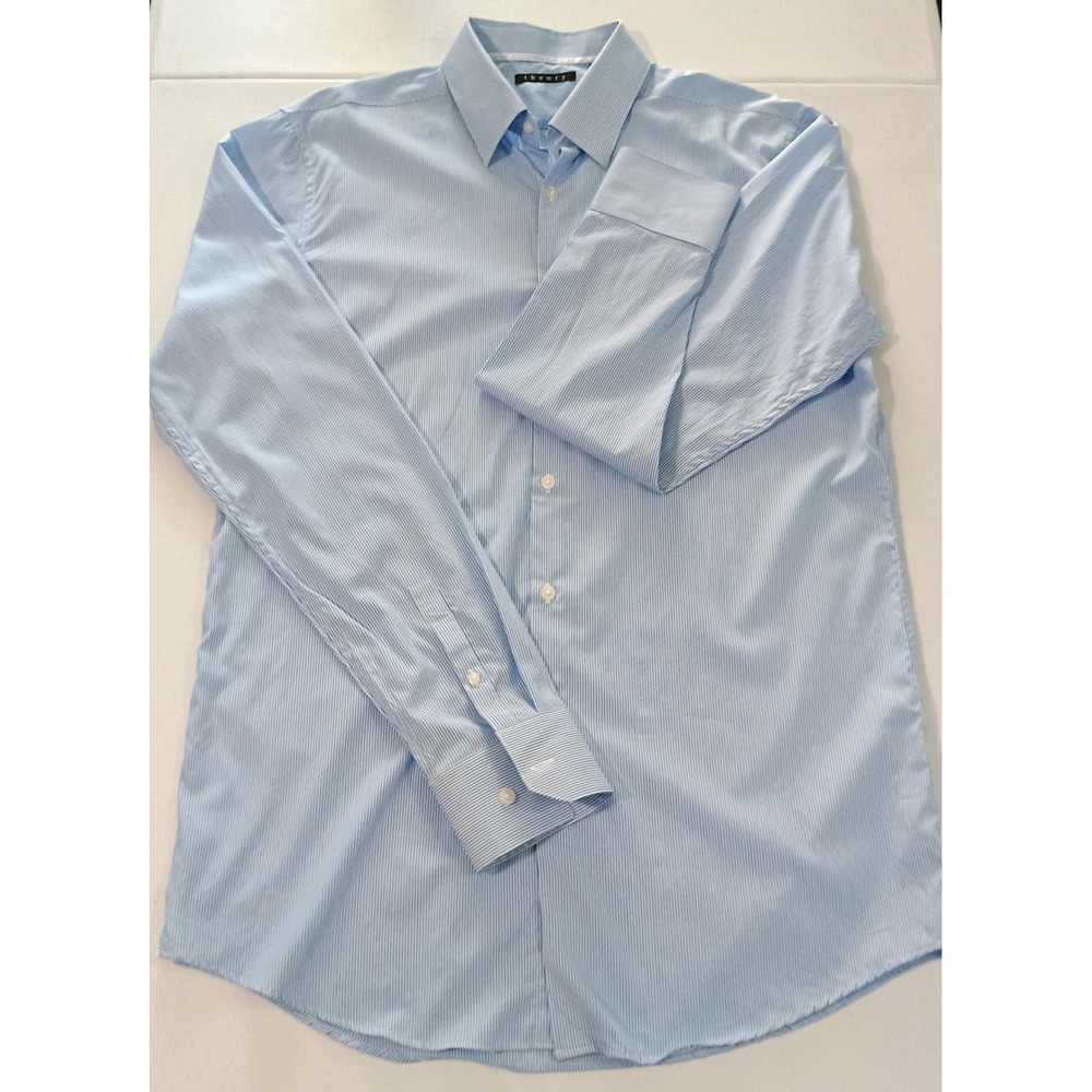 Theory Mens Blue White Striped Cotton Dress Shirt Size 16 34-35 L Long Sleeve